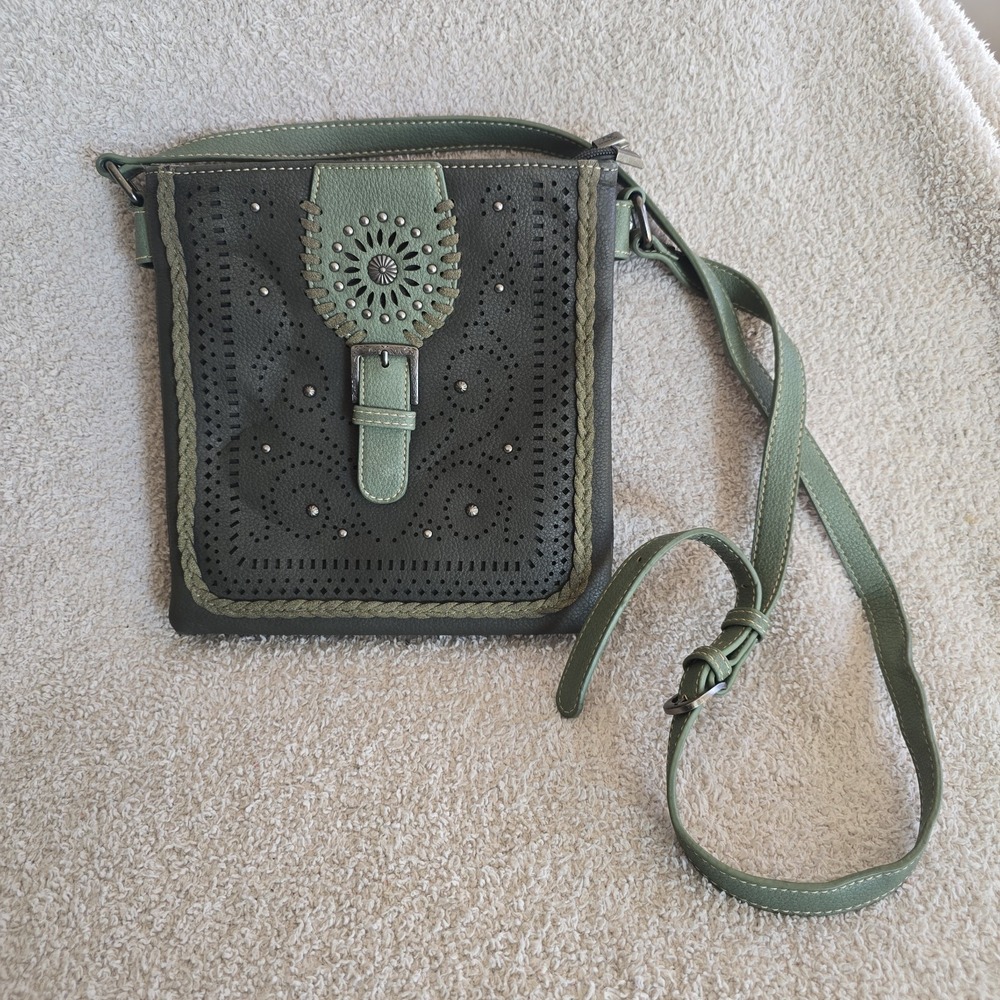 Montana West Concealed Carry Purse Handbag Tooled Studded Whipstitch Green